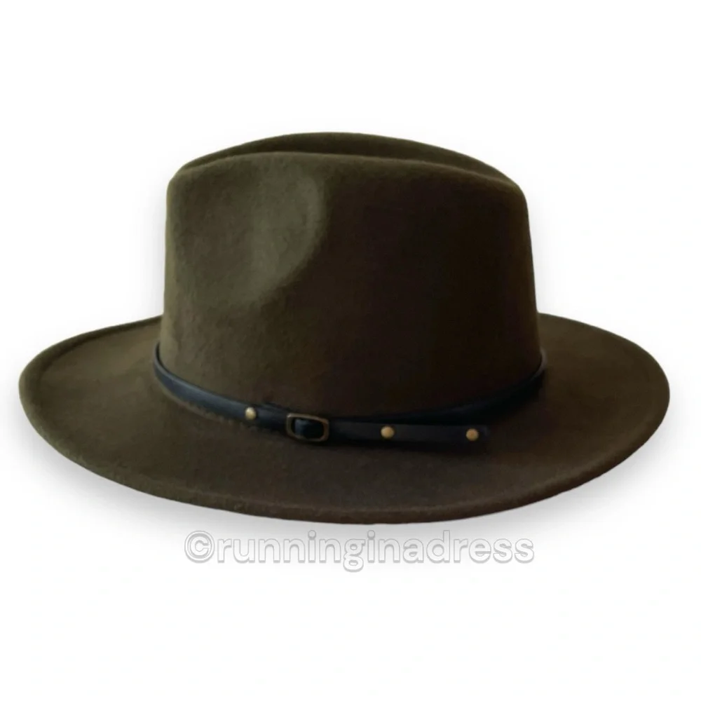 Olive Green Felt Fedora Hat Western Boho Size One Size